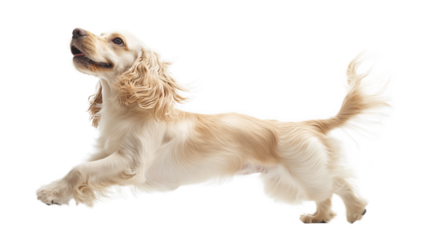 English cocker spaniel dog is jumping . Cute playful white doggy jumping, isolated on transparency background