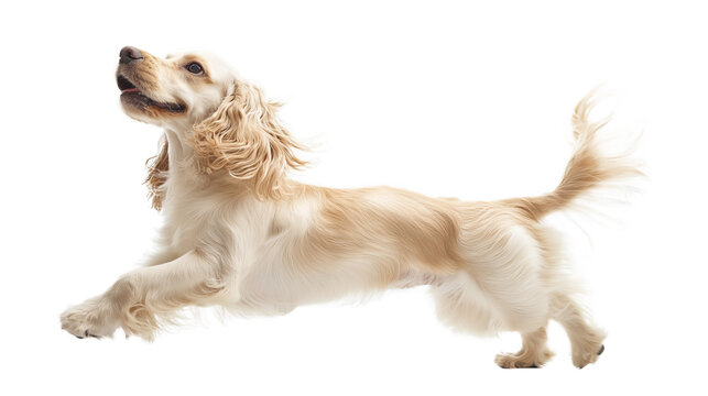 English cocker spaniel dog is jumping . Cute playful white doggy jumping, isolated on transparency background