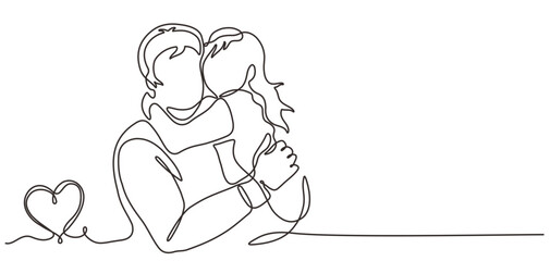 Continuous one line drawing vector illustration. Father with son in hands