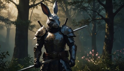 Naklejka premium Armored Rabbit in Enchanted Forest