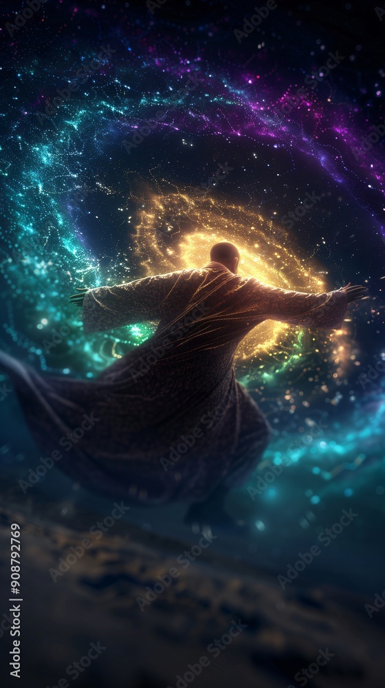 Wall mural wizard in a flowing robe floats, casting a spell to open a mystical portal to a cosmic multiverse of