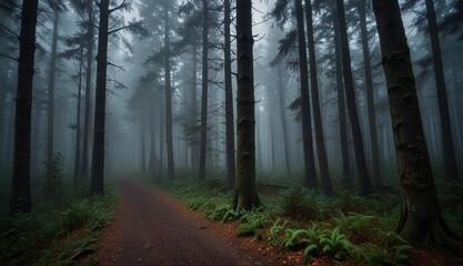 Obraz premium Mysterious Foggy Forest Path
