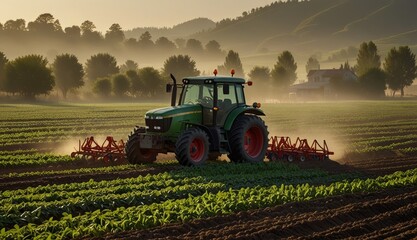 Fototapeta premium Tractor Working in Morning Mist