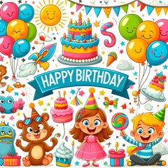 Fototapeta premium Happy Birthday Party Illustration with Kids, Cake, Balloons and More