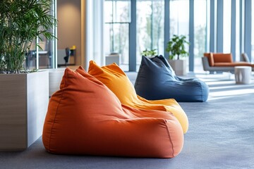 Bean bags in office rest area as a place for employee to take a break or relieve stress.