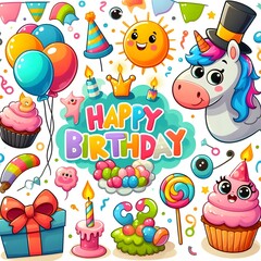 Fototapeta premium Colorful Happy Birthday Illustration with Unicorn and Cupcakes
