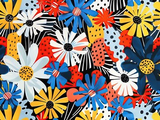 Fototapeta premium Playful fabric design featuring bright daisies and geometric accents, seamlessly integrated in vibrant colors