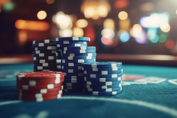 Naklejka premium Casino chips placed on a table with blur background of casino.