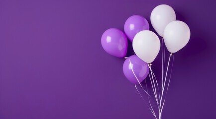 Minimal greeting design with bunch of white and purple balloons on violet background with copy space.