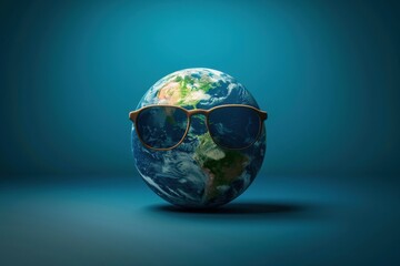 Creative representation of earth wearing sunglasses in artistic blue background. Travel and vacation concept