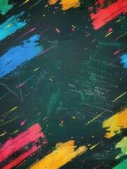 Vibrant brushstrokes adorn a dark green chalkboard, bringing color and creativity to a classroom atmosphere filled with artistic expression. Generative AI