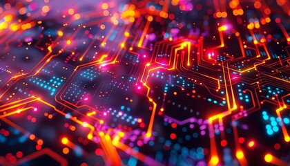 Abstract illustration of a circuit board with vibrant neon colors, showcasing technological advancement and digital connectivity.