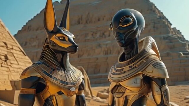 Ancient Egyptian God Anubis with alien in front of Egyptian pyramids