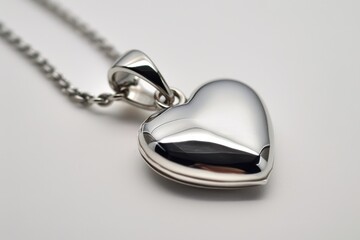 Elegant heart-shaped silver locket necklace on a light background, close up view. Valentine's Day gifts and celebration.