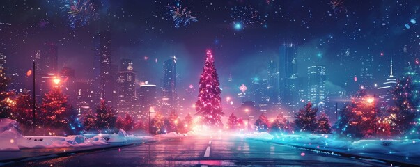 Futuristic cityscape with a festive Christmas tree and colorful fireworks