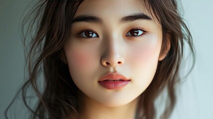 Fototapeta premium Beauty portrait of a young Asian woman with a calm expression, radiant look