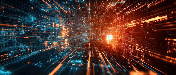 Obraz premium A computer generated image of a cityscape with a bright orange and blue light