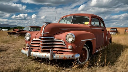 Classic Vintage Car in an Abandoned Field Under Dramatic Clouds