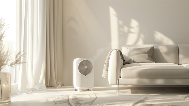 Air purifier in a bright, minimalistic living room with sunlight filtering through sheer curtains. Concepts of clean air, modern interior design, and healthy living.