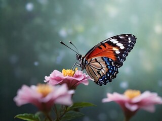 Naklejka premium Blooming flower, with intricate details of its wings and the flower petals. The detailed and colorful scene is perfect for nature and macro photography themes.