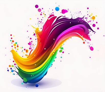 A vector illustration shows a rainbow-colored curved line with paint splashes and color droplets scattered across a white background. The design features rainbow-colored waves with vibrant paint splas