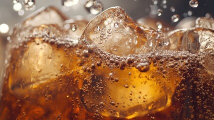 Close-up of cola with ice cubes, bubbles rising and fizzing, cold drink