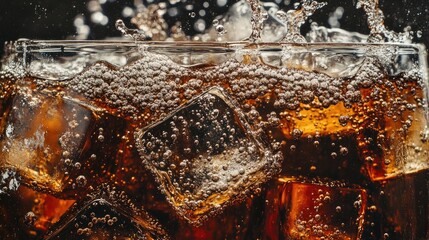 Close-up of cola with ice cubes, bubbles rising and fizzing, cold drink