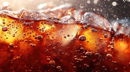 Close-up of fizzy cola with ice, bubbles floating to the top, cold drink