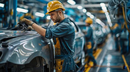 Car Manufacturing Worker Assembling Car Body.