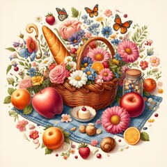 Summer Picnic Basket with Flowers, Fruit, and Butterflies
