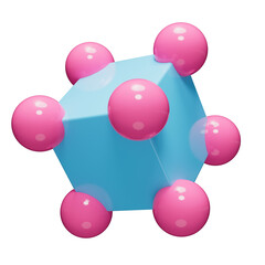 Blue cube with pink spheres. Abstract geometric shape made of blue and bright pink plastic with a glossy surface on a transparent background.