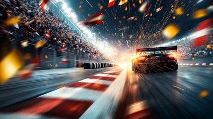 Victory Lap Under a Cascade of Celebration: A race car speeds towards glory, confetti raining down as the crowd roars in this electrifying motorsport victory scene. 