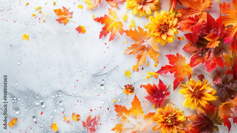 Wall mural Autumn leaves and flowers trapped in ice with water droplets.