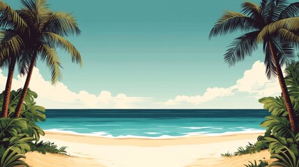 Tropical Beach Scene with Palm Trees and Blue Ocean