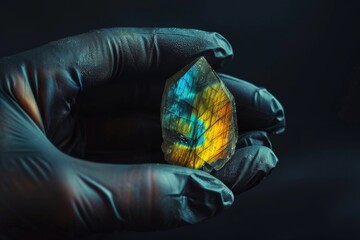 Crystalline ore Andesine - Labradorite in the hand of a geologist, a mineral from the feldspar family.