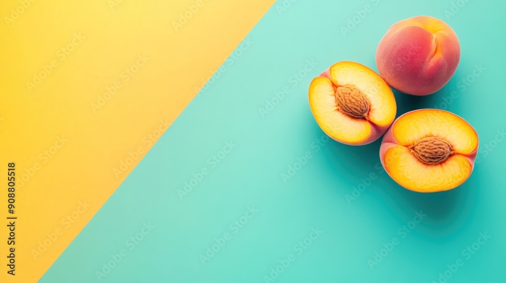 Wall mural Fresh peaches on yellow and blue background.