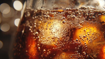 Macro shot of fizzy cola with ice cubes, bubbles floating to the surface