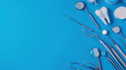 Various dental tools on a clean blue background with copy space