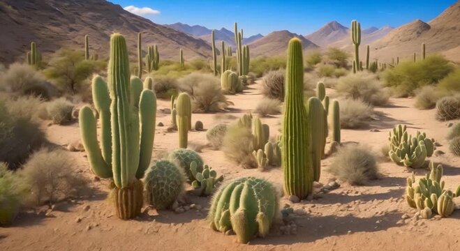 Desert landscape with cacti mountains blue sky Seamless looping time lapse video animation background 4k animation