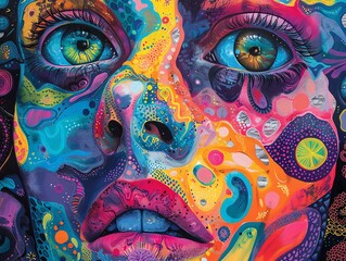 Abstract psychedelic portrait of a woman's face with vibrant colors and patterns.