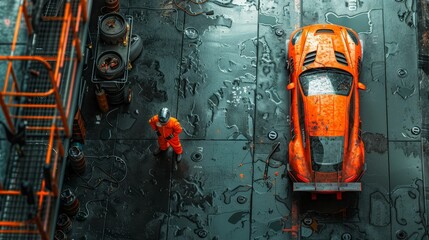 Orange Sports Car in a Garage.