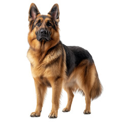 A majestic German Shepherd stands proudly, showcasing its beautiful coat and alert expression, perfect for pet lovers and enthusiasts. isolate on white background