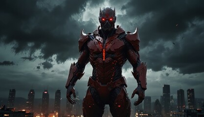 Naklejka premium Futuristic Cybernetic Warrior in Cityscape