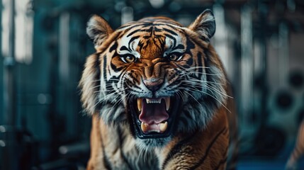 Portrait of a strong roaring male tiger in a gym. Bodybuilding concept