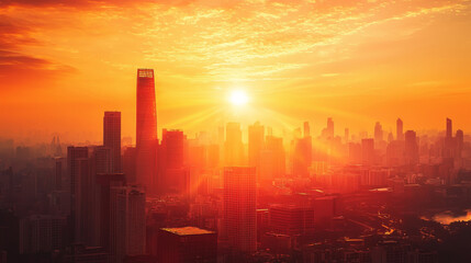 A city skyline with a bright orange sun shining on it