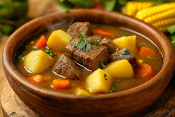 Bowl of Olla de Carne, a traditional Costa Rican beef soup featuring tender chunks of beef, potatoes, carrots, yucca, plantains, and corn on the cob, flavored with aromatic herbs and spices