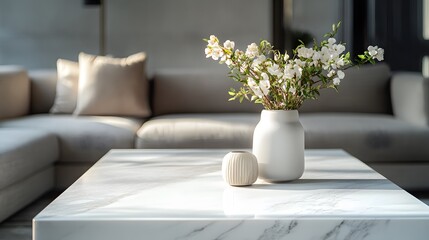 Marble coffee table in the living room, with a marble texture, a close-up of the white and gold stone surface, interior design, large floor-to-ceiling windows with a city view