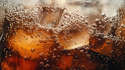 Refreshing cola with ice cubes, bubbles visible, close-up of carbonation