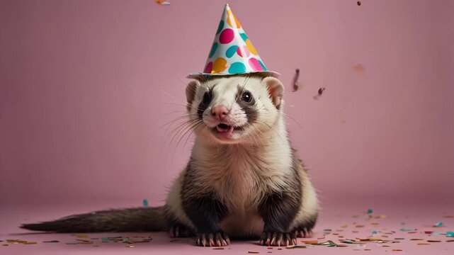 Cute ferret on a colored background, birthday