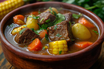 Steaming bowl of Olla de Carne, a traditional Costa Rican beef stew featuring tender chunks of beef, potatoes, carrots, yucca, plantains, and corn on the cob, flavored with aromatic herbs and spices